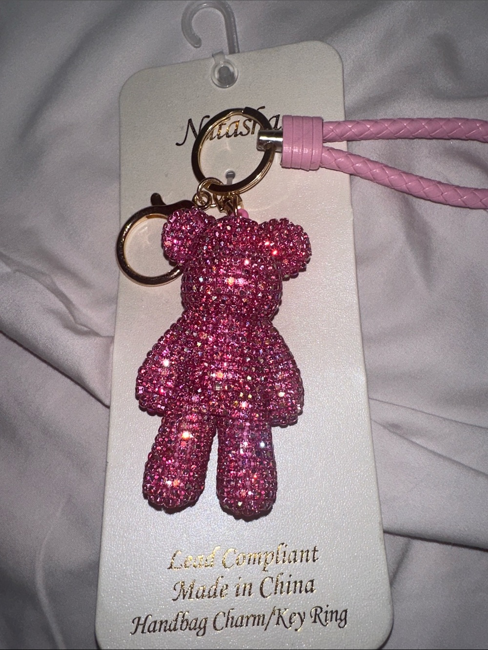 NWT Natasha Couture Pink Crystal Teddy Bear Keychain with Braided Wristlet gold - Picture 2 of 3